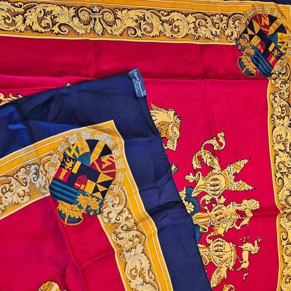 Vintage 1986 Ginnie Johansen Silk Scarf Heraldic Crest Red Navy Gold Japan